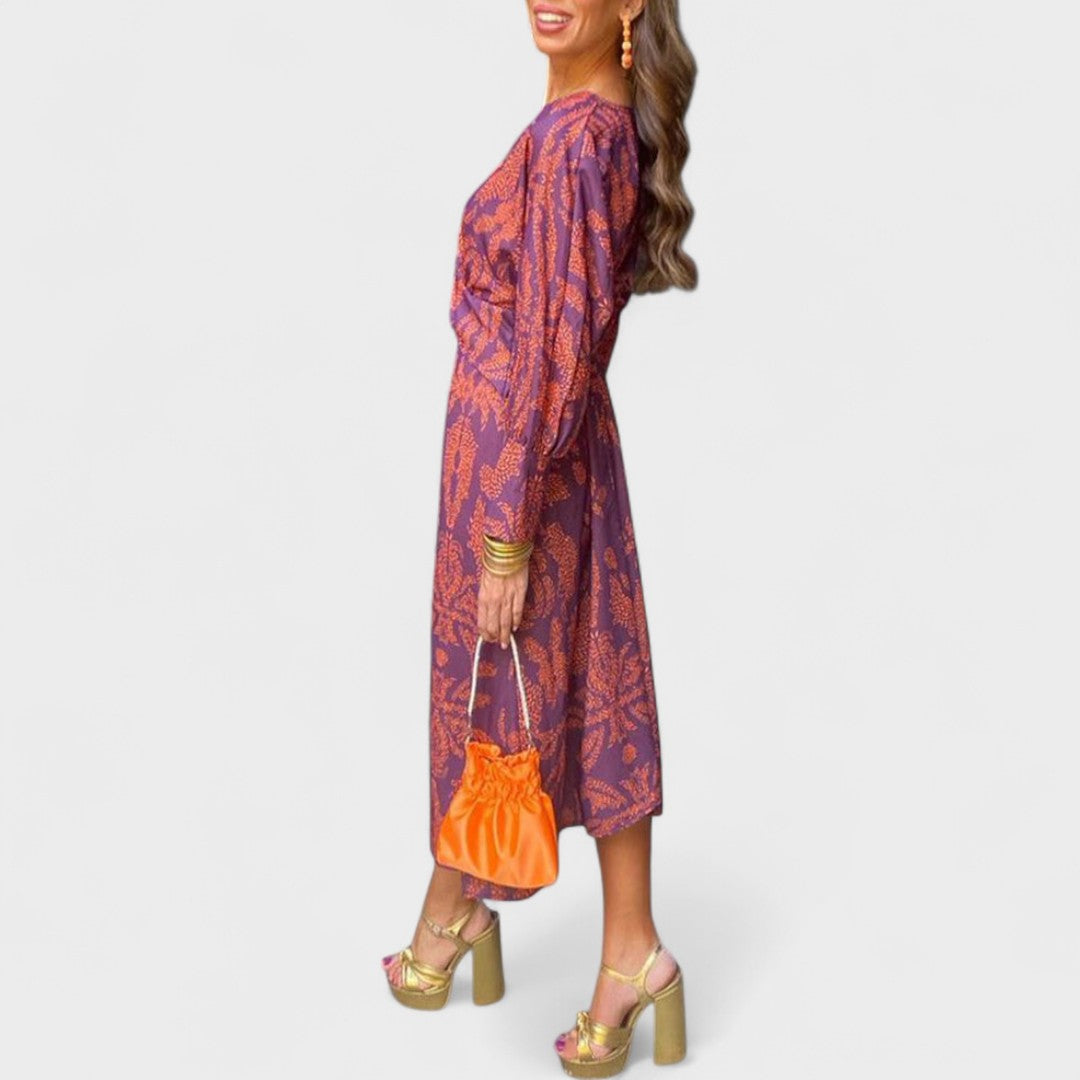 Sienna Midi Dress | Blue & Gold Print, Knot Front, Long Sleeve