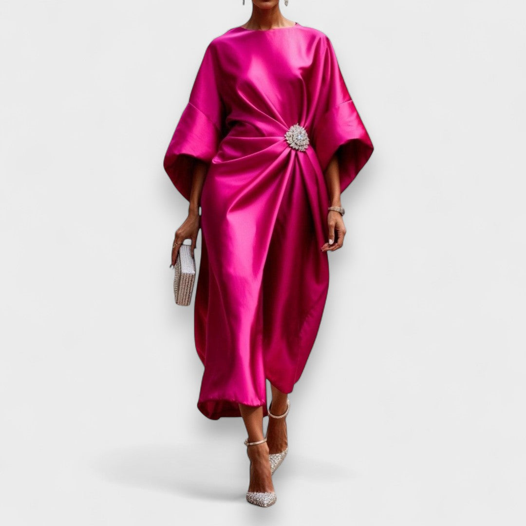 Momount Women’s Satin Midi Dress – Draped Batwing Elegant