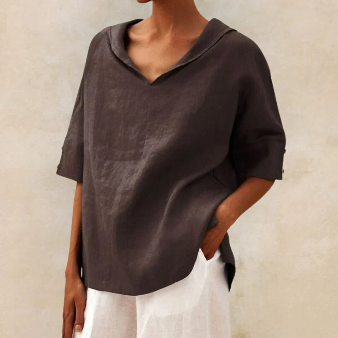 Momount Women Linen Shirt – V Neck Lapel Collar Oversized Summer