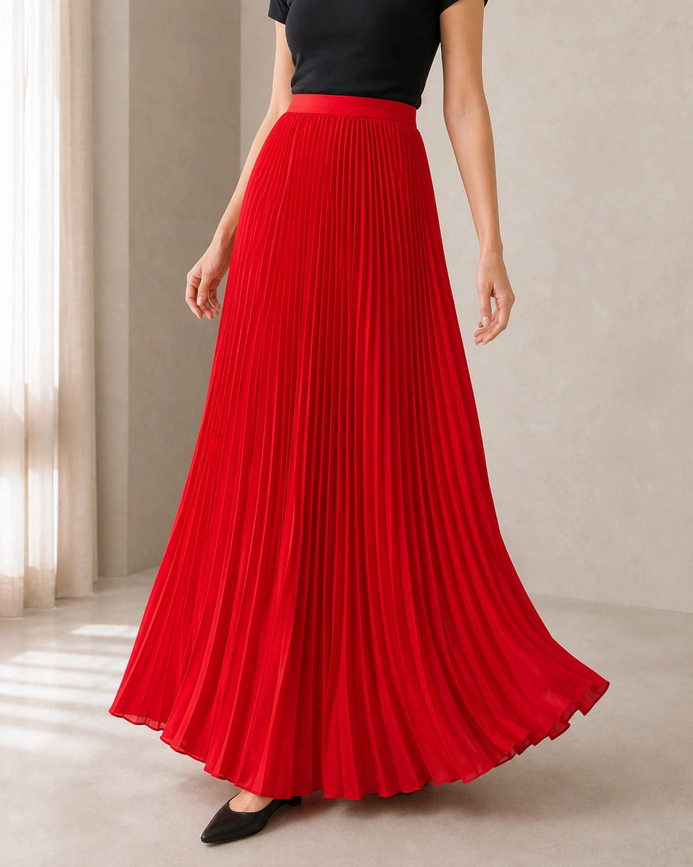 Women's Pleated Flowing Maxi Skirt — image 12 — womens-pleated-maxi-skirt-red-12-variant.webp