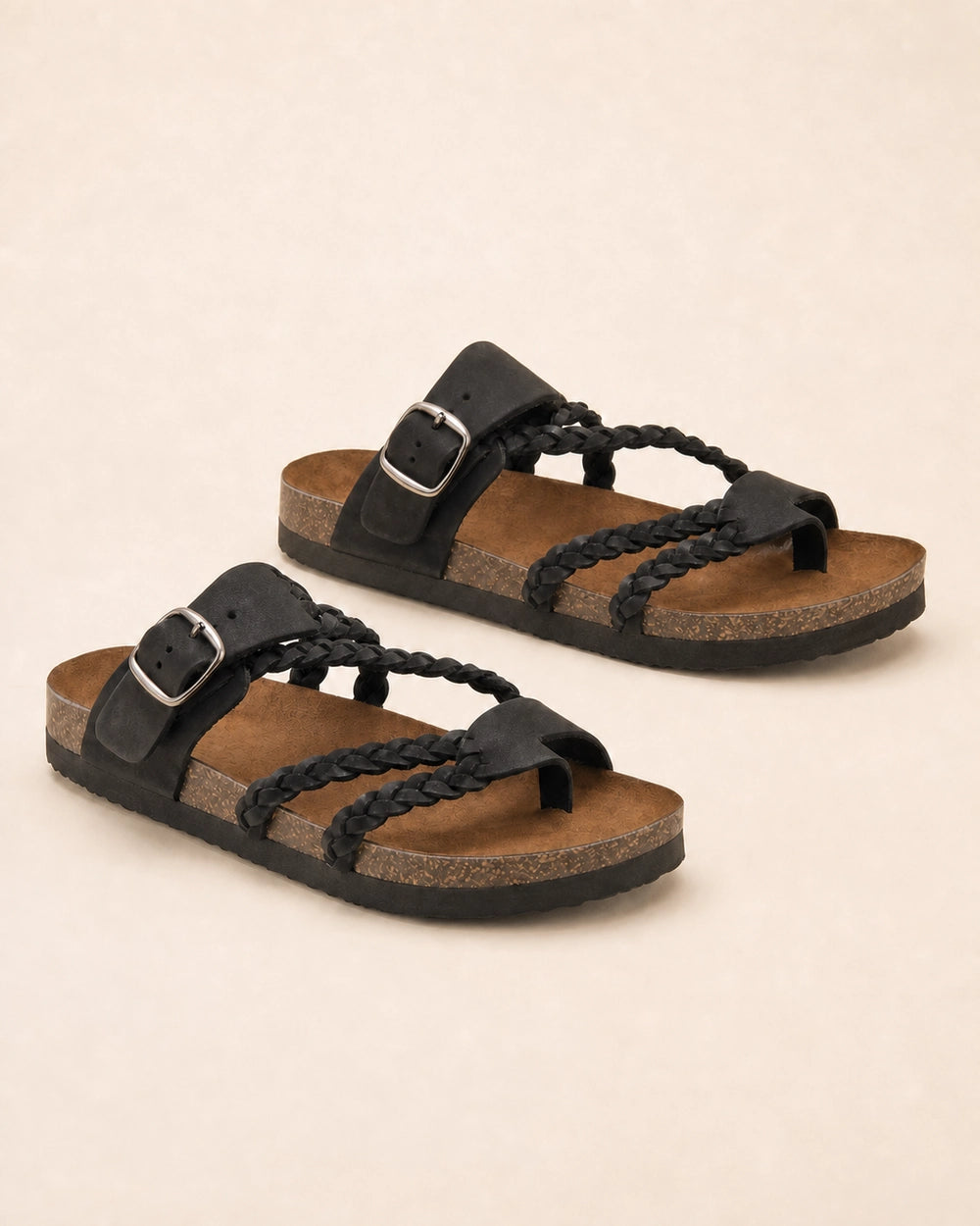 Women's Braided-Strap Flat Sandals with Buckle — image 2 — 02-black-product-pair.webp