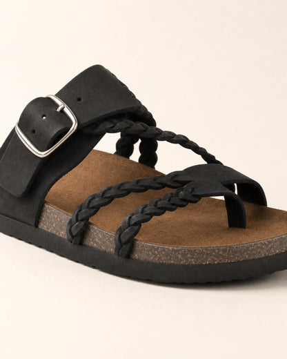Women's Braided-Strap Flat Sandals with Buckle — image 5 — 05-black-construction-detail.webp