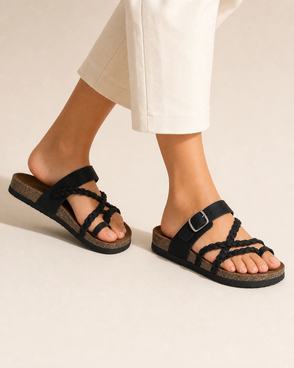 Women's Braided-Strap Flat Sandals with Buckle — image 6 — 06-black-walking.webp