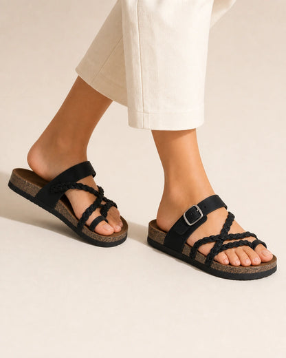 Women's Braided-Strap Flat Sandals with Buckle — image 6 — 06-black-walking.webp