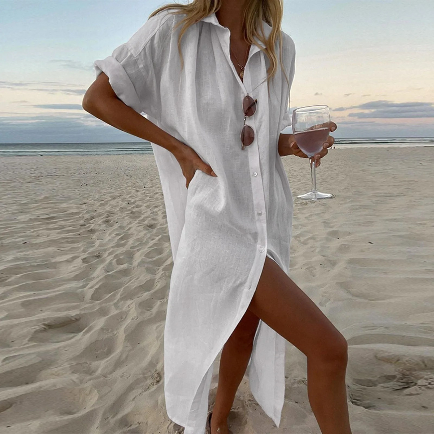 Esmeralda | Linen Button-Down Beach Maxi Dress | Summer Momount