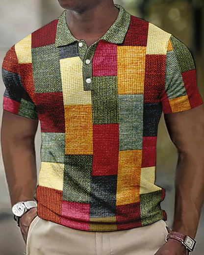 Momount Men Checkered Polo Shirt – Patchwork Short Sleeve Casual