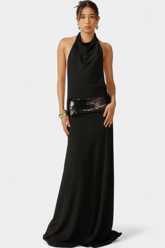 Georgia Halter Dress | Draped Metallic, Open Back Glamour