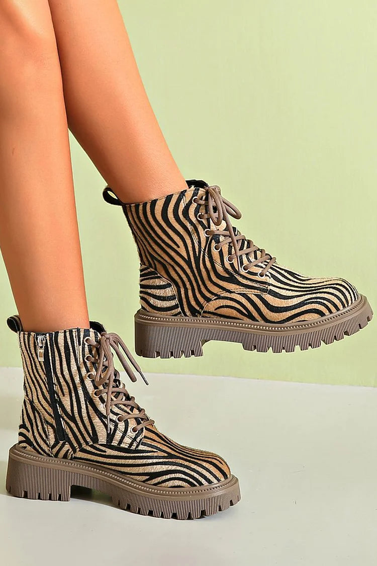 Women's Animal Print Ankle Boots – Lace-Up Side Zip Chunky Sole