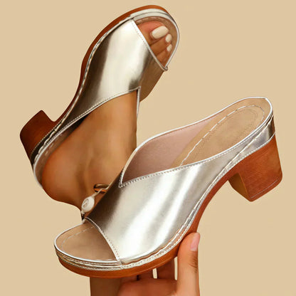 Miralena | Silver Metallic Platform Block Heel Slide Sandals
