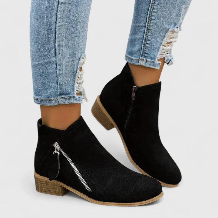 Women's Ankle Boots – Side Zip Low Block Heel Round Toe