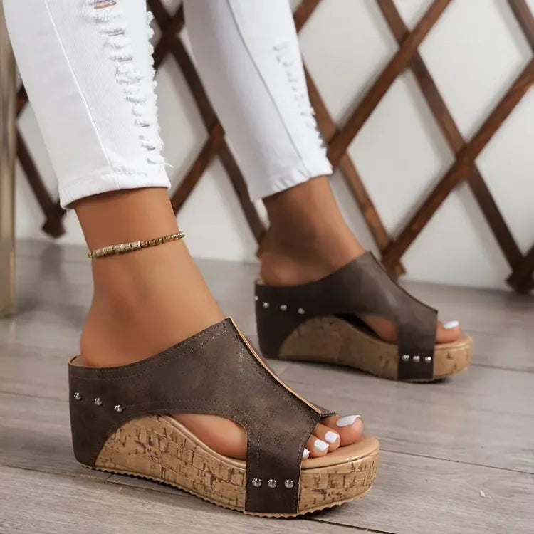 Momount Women Platform Wedge Sandals – Black Cork Peep-Toe Mule Studded