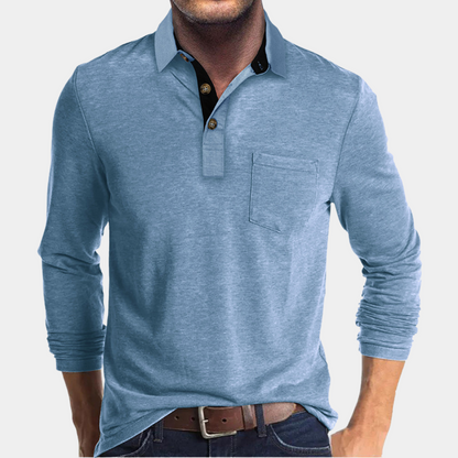 Momount Men Long Sleeve Polo Shirt – Contrast Collar Pocket Classic Fit