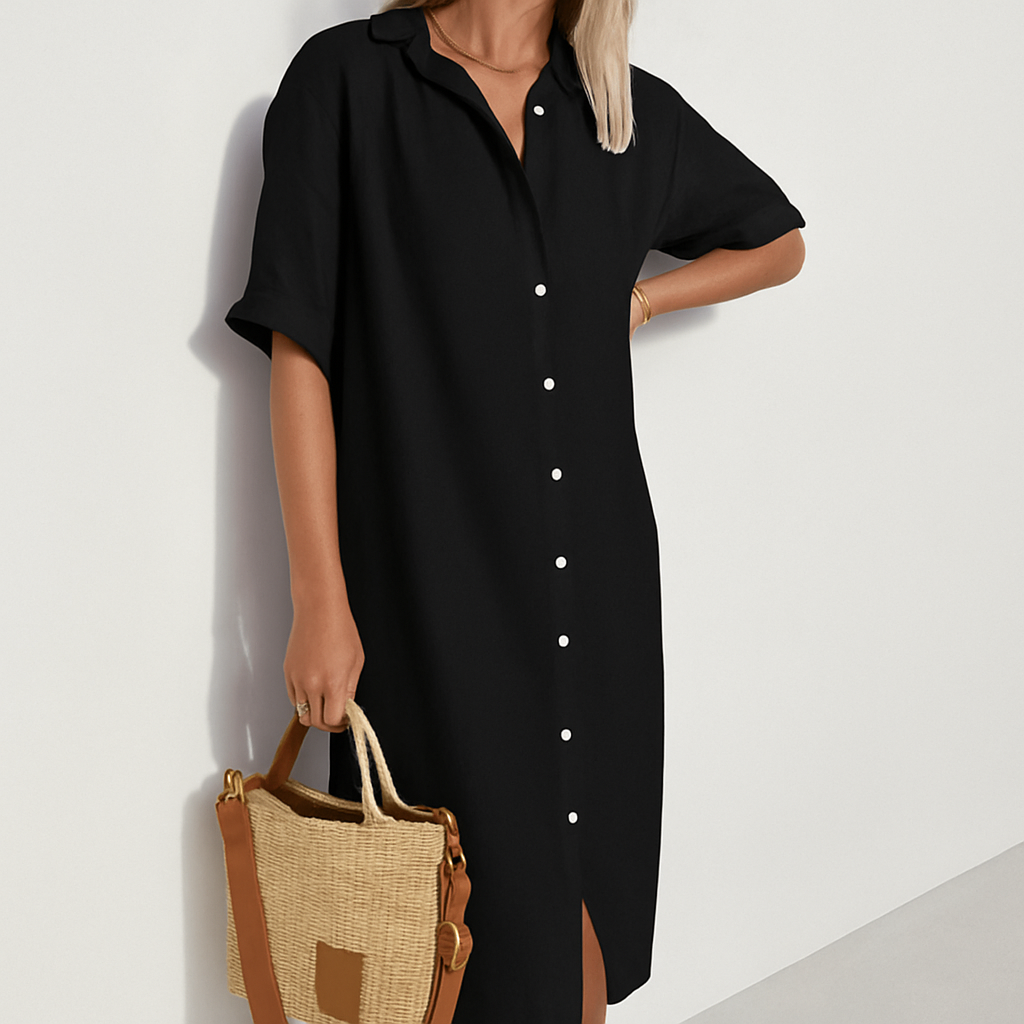 Momount Women Linen Shirt Dress – Short Sleeve Button Down Midi Relaxed