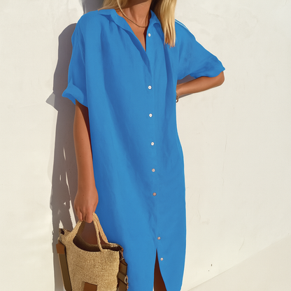Momount Women Linen Shirt Dress – Short Sleeve Button Down Midi Relaxed