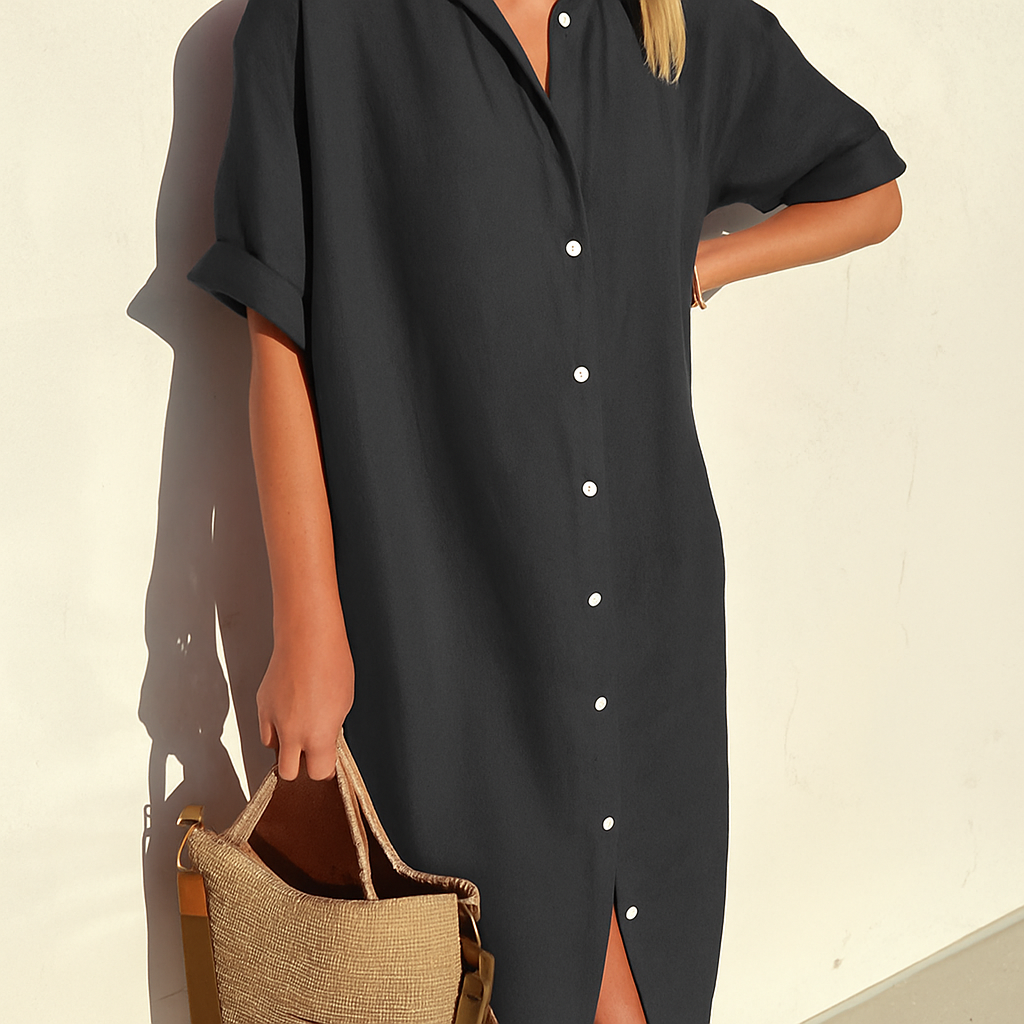 Momount Women Linen Shirt Dress – Short Sleeve Button Down Midi Relaxed