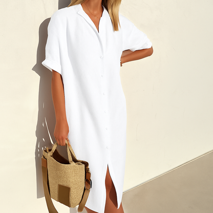 Momount Women Linen Shirt Dress – Short Sleeve Button Down Midi Relaxed