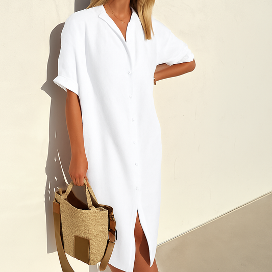 Momount Women Linen Shirt Dress – Short Sleeve Button Down Midi Relaxed
