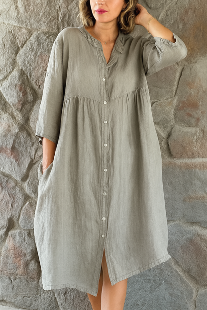 Momount Women Cotton Linen Shirt Dress – V Neck 3/4 Sleeve Relaxed