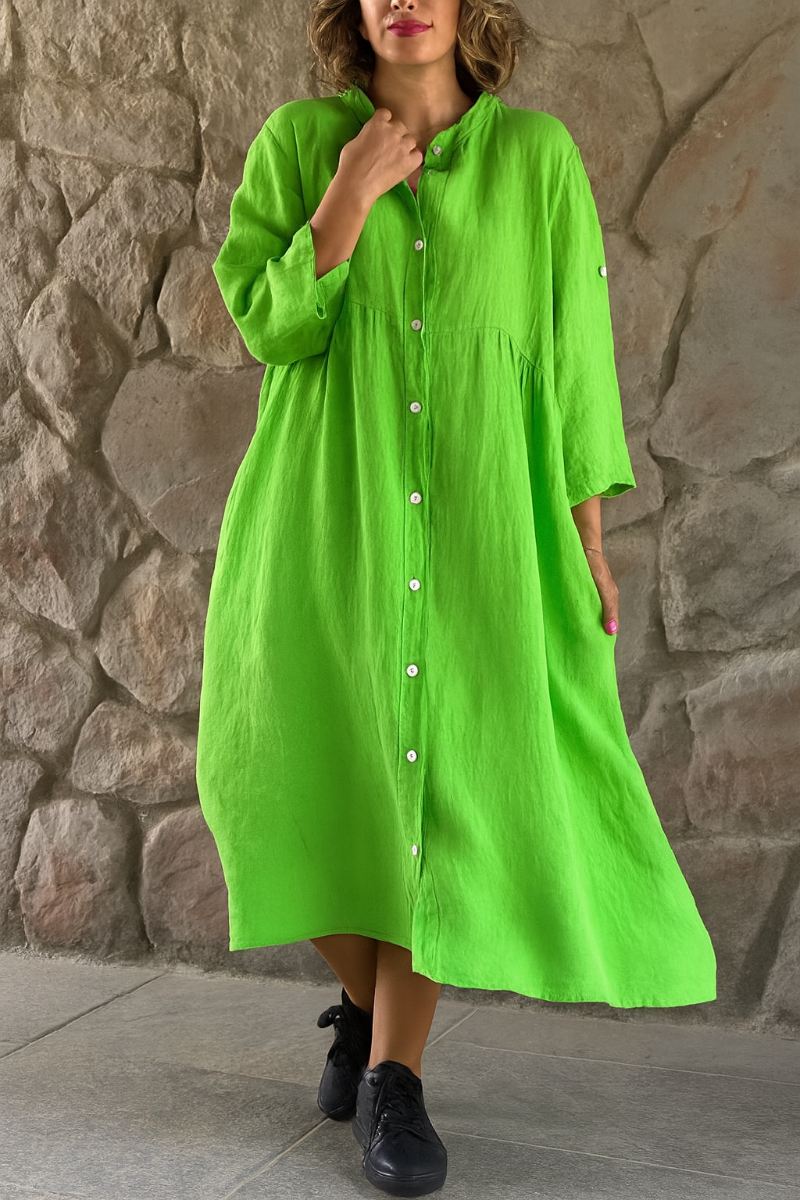 Momount Women Cotton Linen Shirt Dress – V Neck 3/4 Sleeve Relaxed