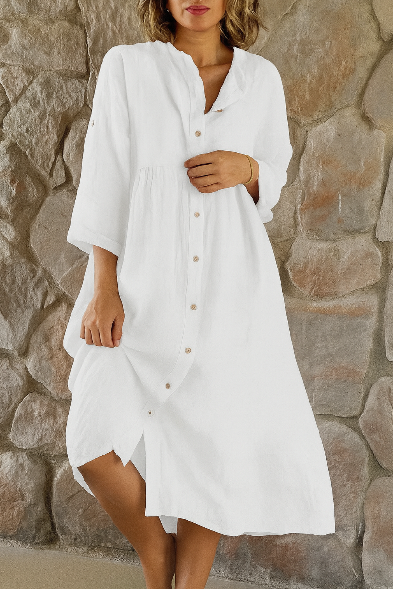 Momount Women Cotton Linen Shirt Dress – V Neck 3/4 Sleeve Relaxed