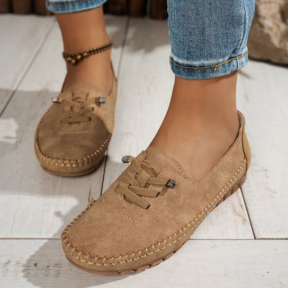 Momount Women Moccasin Loafers – Suede Hand-Stitched Slip-On Elastic Comfort