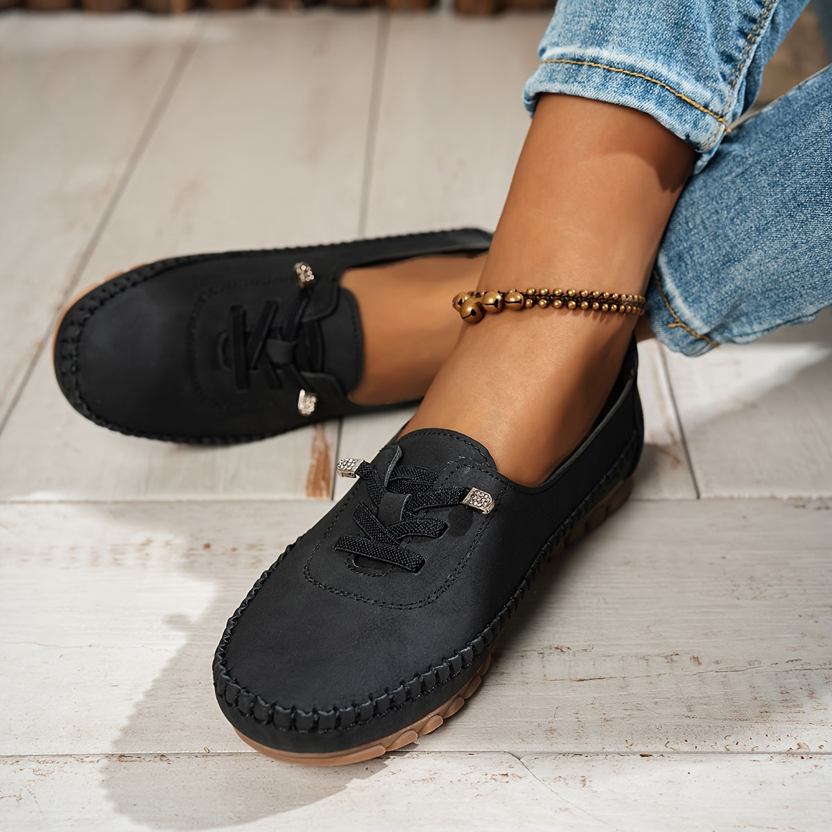 Momount Women Moccasin Loafers – Suede Hand-Stitched Slip-On Elastic Comfort