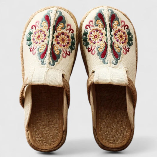 Momount Women Embroidered Mules – Floral Canvas Jute Sole Slip-On Closed Toe