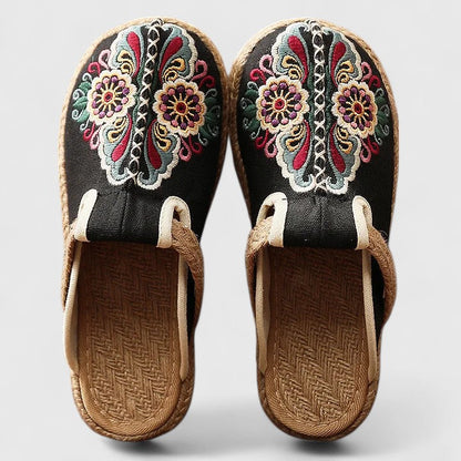Momount Women Embroidered Mules – Floral Canvas Jute Sole Slip-On Closed Toe