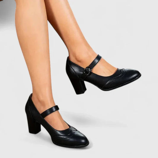 Momount Women Mary Jane Block Heel Pumps – Leather Brogue Round Toe Buckle