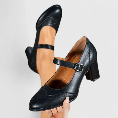 Momount Women Mary Jane Block Heel Pumps – Leather Brogue Round Toe Buckle