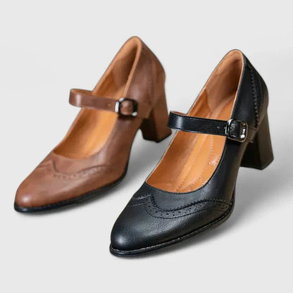 Momount Women Mary Jane Block Heel Pumps – Leather Brogue Round Toe Buckle