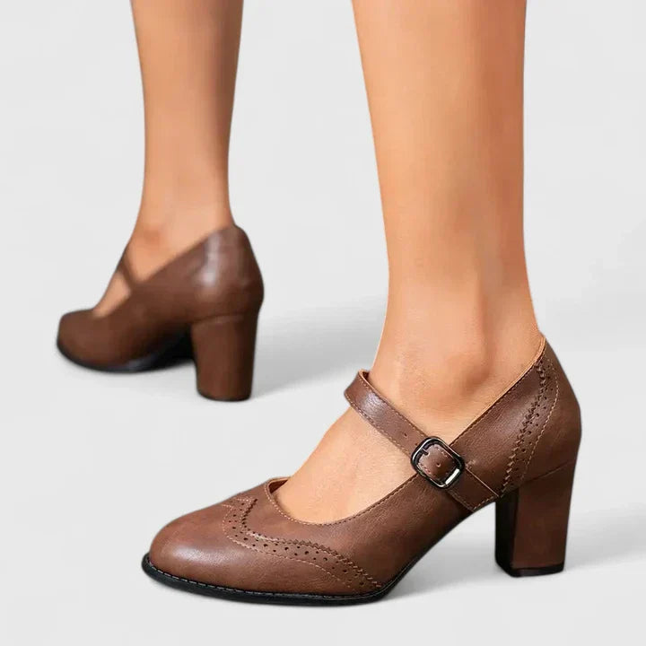 Momount Women Mary Jane Block Heel Pumps – Leather Brogue Round Toe Buckle