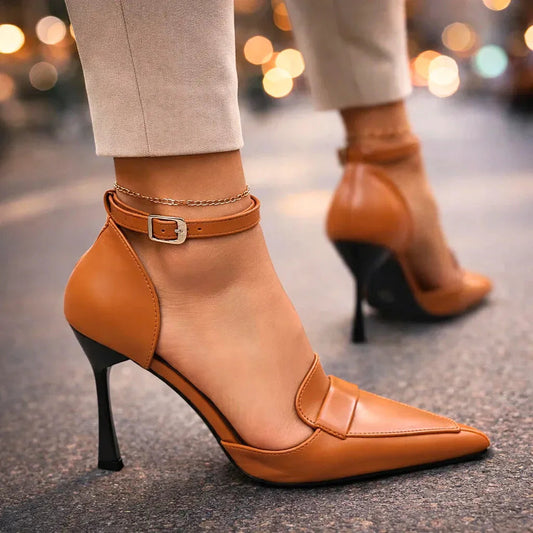 Momount Women Stiletto Pumps – Leather Pointed-Toe Ankle Strap Slingback