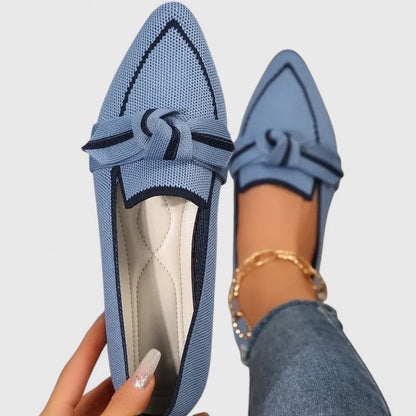 Momount Women Pointed-Toe Mules – Knit Mesh Knot Accent Flat Slip-On Closed Toe