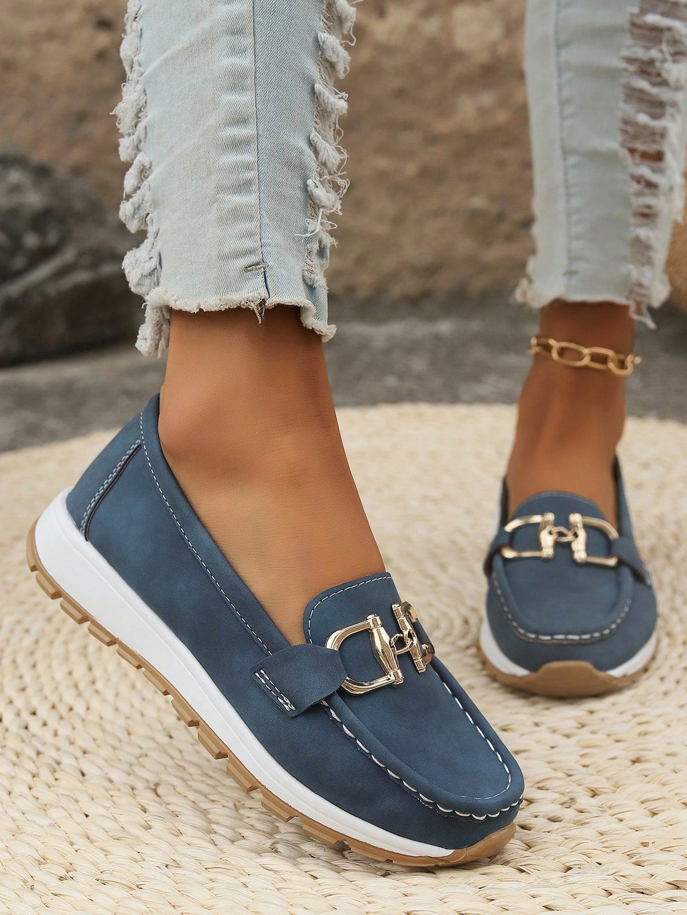 Momount Women Suede Loafers – Gold Horsebit Platform Slip-On Comfort