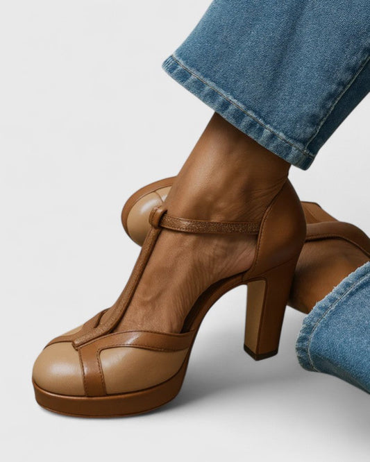 Momount Women T-Bar Platform Pumps – Two-Tone Leather Block Heel Ankle Strap
