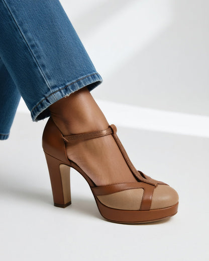 Momount Women T-Bar Platform Pumps – Two-Tone Leather Block Heel Ankle Strap