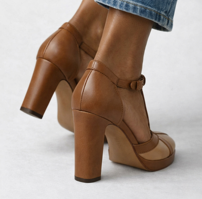 Momount Women T-Bar Platform Pumps – Two-Tone Leather Block Heel Ankle Strap