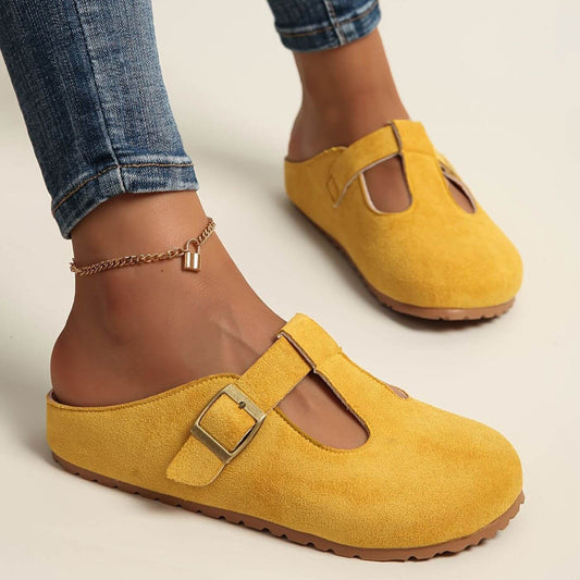 Momount Women T-Bar Suede Clogs – Buckle Mule Closed-Toe Cork Footbed