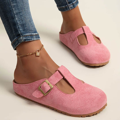 Momount Women T-Bar Suede Clogs – Buckle Mule Closed-Toe Cork Footbed
