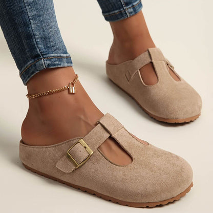 Momount Women T-Bar Suede Clogs – Buckle Mule Closed-Toe Cork Footbed