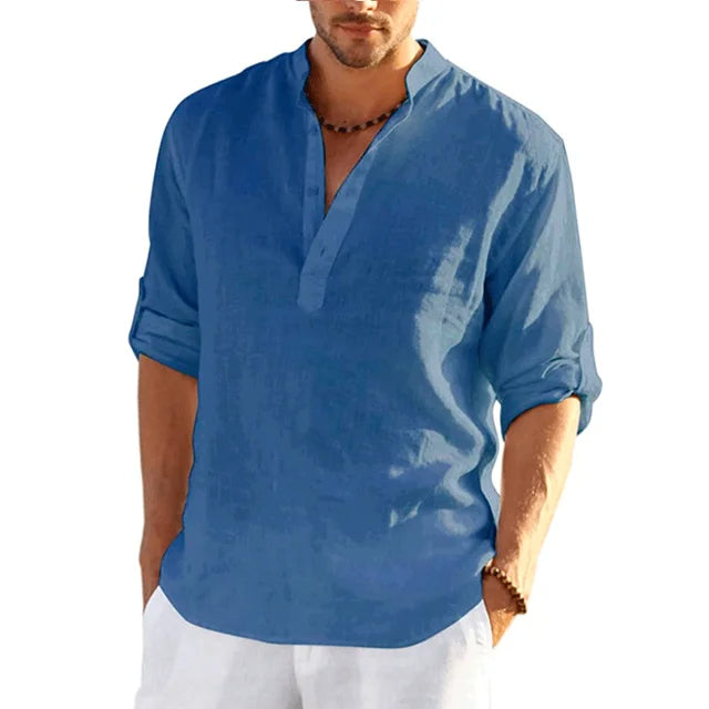 Momount Men Linen Henley Shirt – Long Sleeve Roll Tab Sleeve Casual