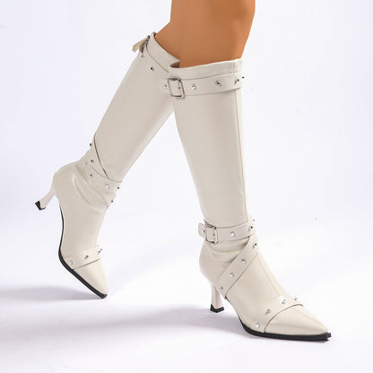 Women's Knee High Boots – Kitten Heel Pointed Toe Buckle Straps