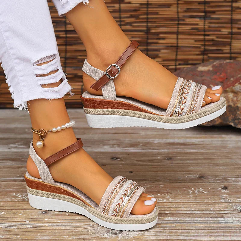 Momount Women Wedge Sandals Comfort Platform Slingback Buckle Strap Casual Summer Cushioned Support Braided Design