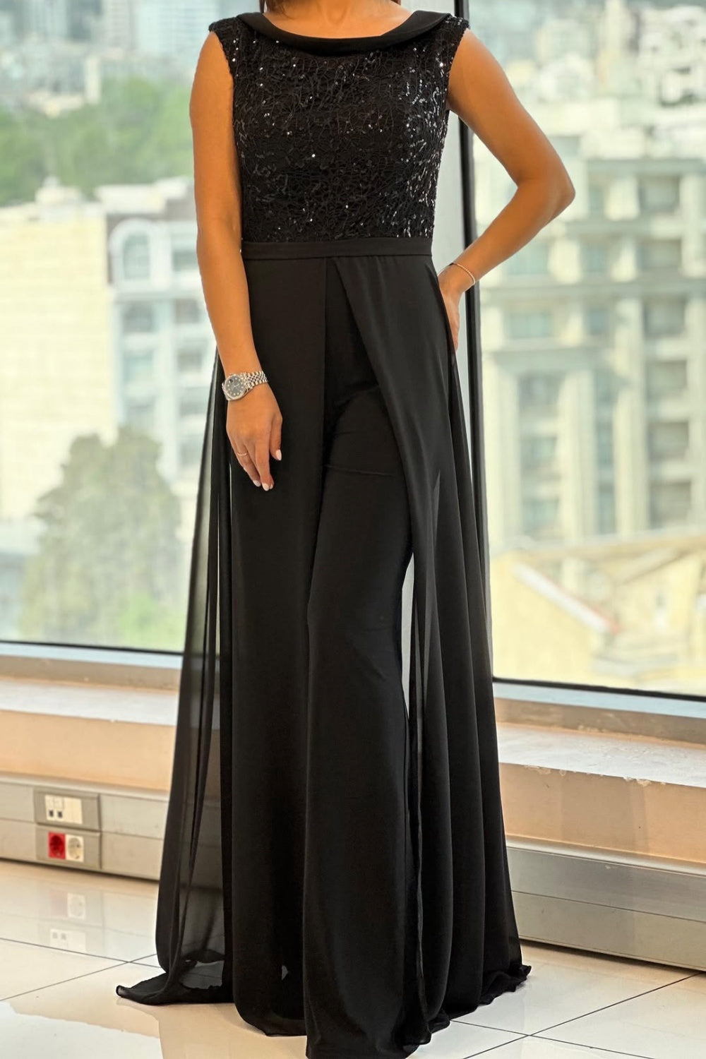 Women’s Jumpsuit | Sleeveless Sequin Bodice Overlay