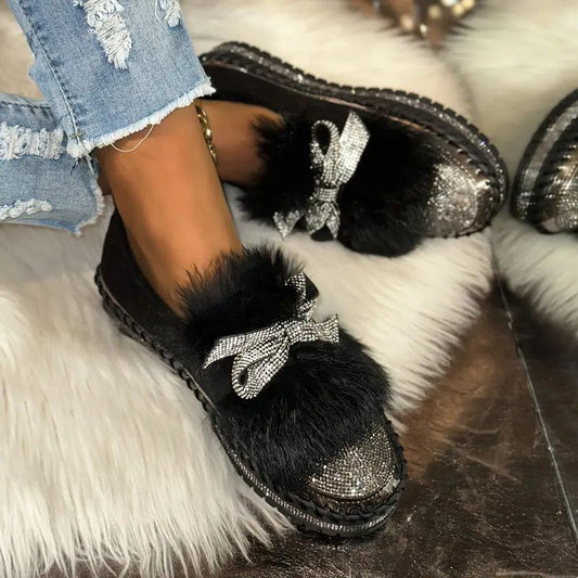 Momount Women Faux Fur Loafers – Crystal Bow Rhinestone Toe Plush Slip-On