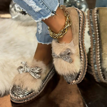 Momount Women Faux Fur Loafers – Crystal Bow Rhinestone Toe Plush Slip-On