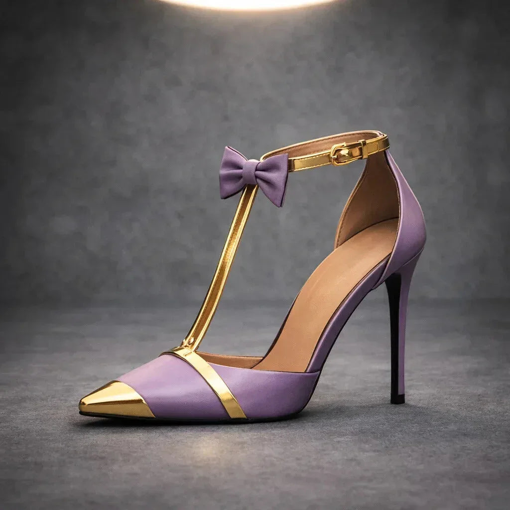 Momount Women T-Strap Stiletto Pumps – Bow Pointed-Toe Cap-Toe Ankle Strap