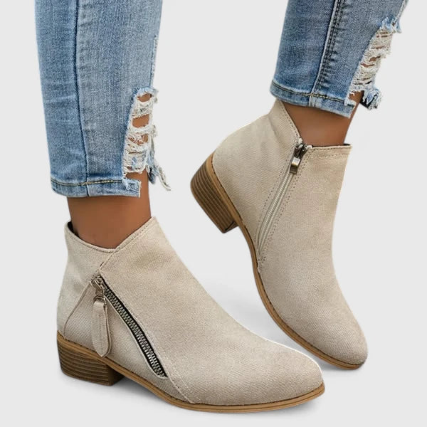 Women's Ankle Boots – Side Zip Low Block Heel Round Toe