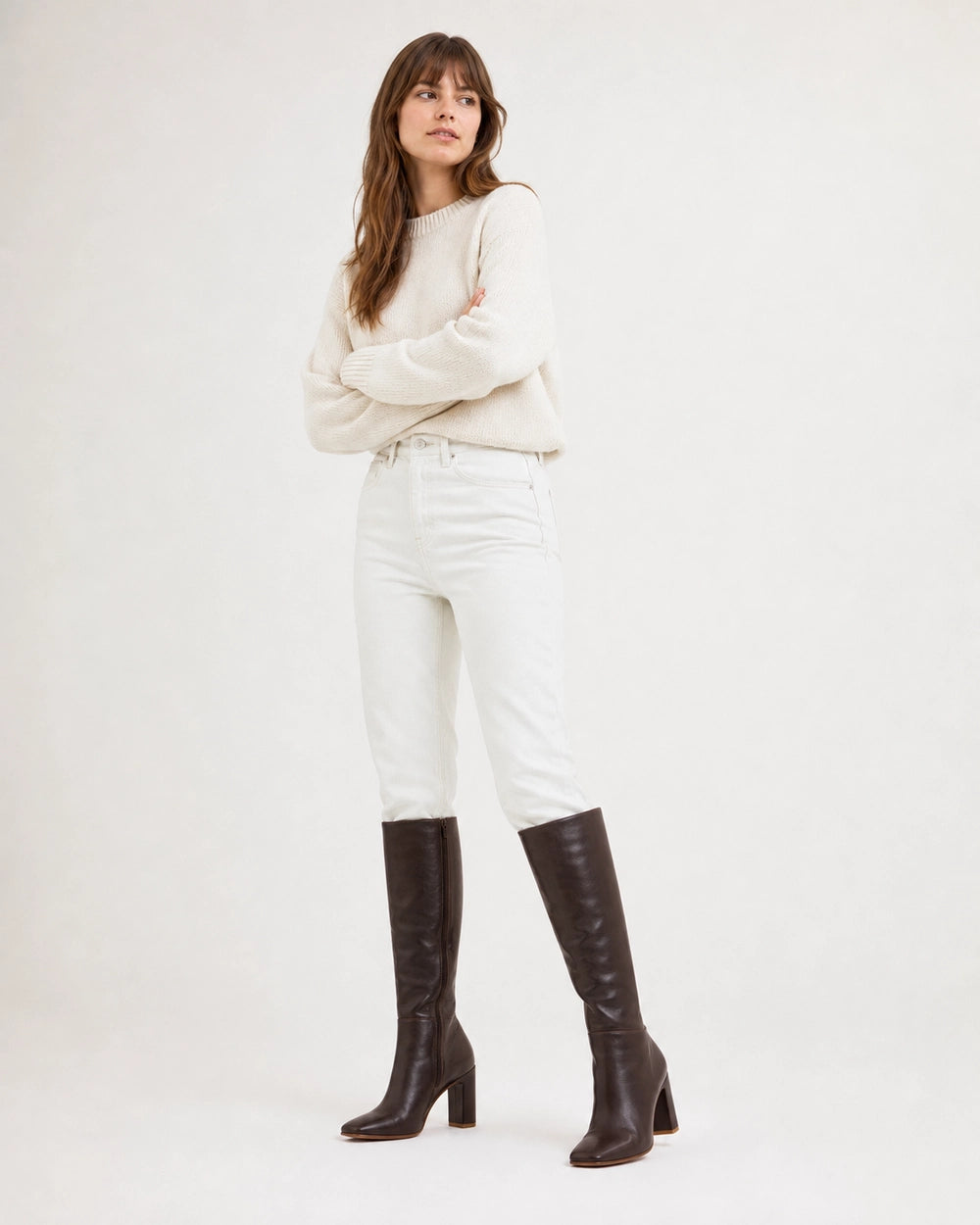 Women's dark-brown knee-high broad-heel boots, hero view.
